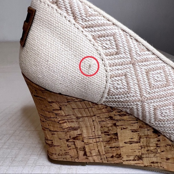 Toms Stella Beige Diamond Print Peep Toe Wedge Cork Heels - Picture 16 of 16